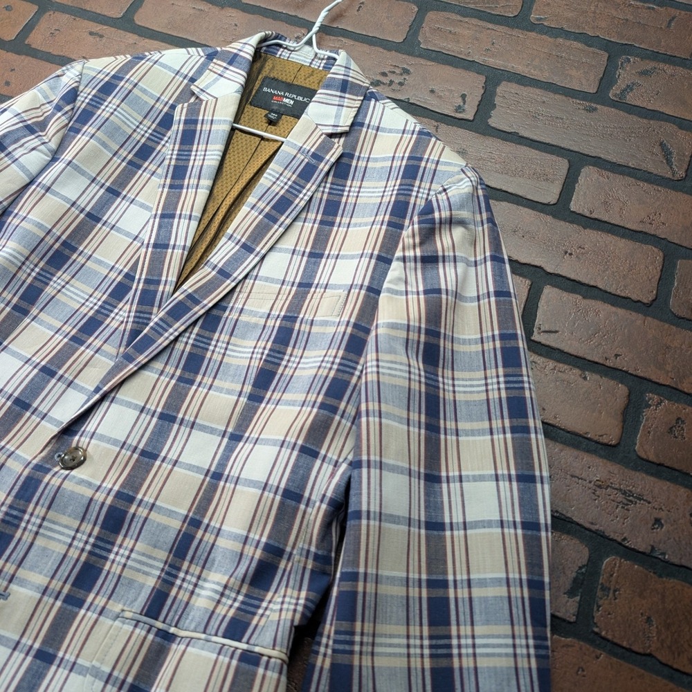 Banana Republic Mad Men Plaid Blazer 38S Tailored Slim Fit Navy Red Gold Lining - Picture 4 of 16